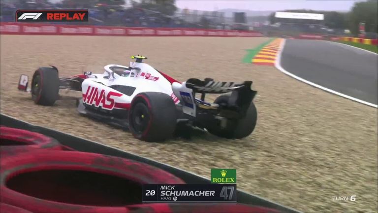 Mick Schumacher, Alex Albon and Esteban Ocon struggle in the wet conditions during P2 of the Belgian GP