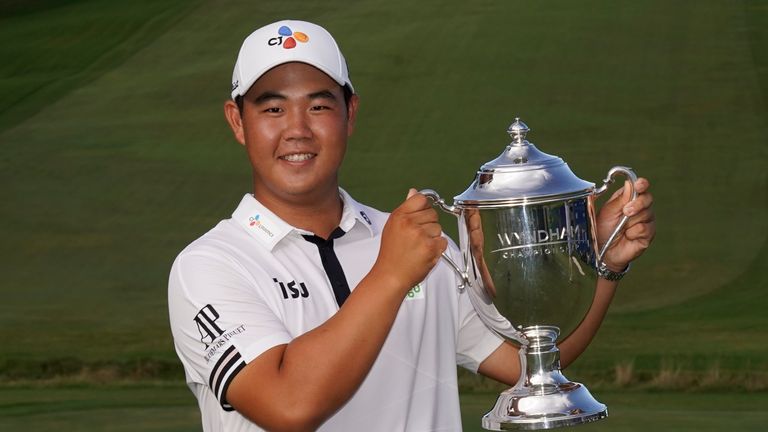 Joohyung Kim won for the first time on the PGA Tour at the Wyndham Championship, triumphing by five strokes.