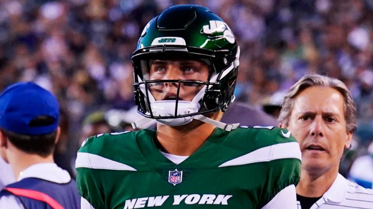 New York Jets quarterback Zach Wilson walks off the field after suffering an injury during the first half of their season opener against the Philadelphia Eagles.