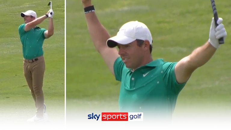 Rory McIlroy holes an eagle-two on the third hole in the first round of the Italian Open at next year's Ryder Cup course, Marco Simone GC. 