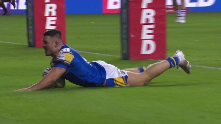 James Bentley grabs his second try of the night against Wigan. 