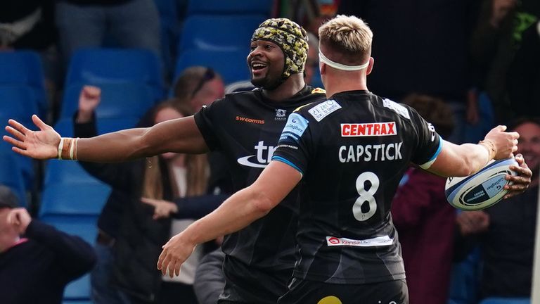 Exeter Chiefs' Christ Tshiunza celebrates scoring his side's sixth try to win the game