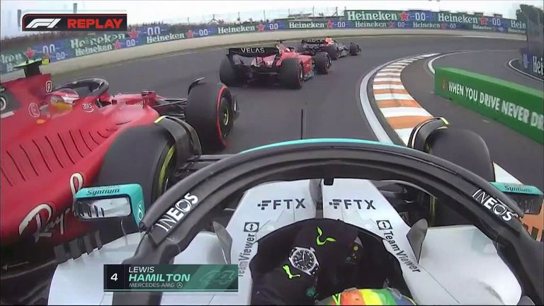 Hamilton makes contact with Carlos Sainz at the start of the Dutch Grand Prix, as Verstappen holds off Charles Leclerc to maintain his lead