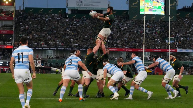 South Africa's Lood de Jager jumps for the ball at a line-out (AP Photo/Themba Hadebe)