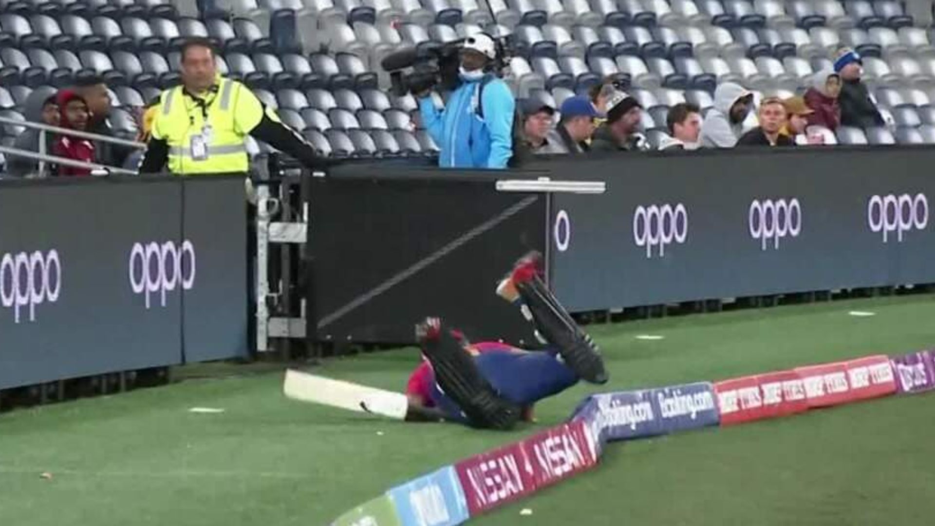 'Poor young man!' Batter trips over boundary after being caught out!