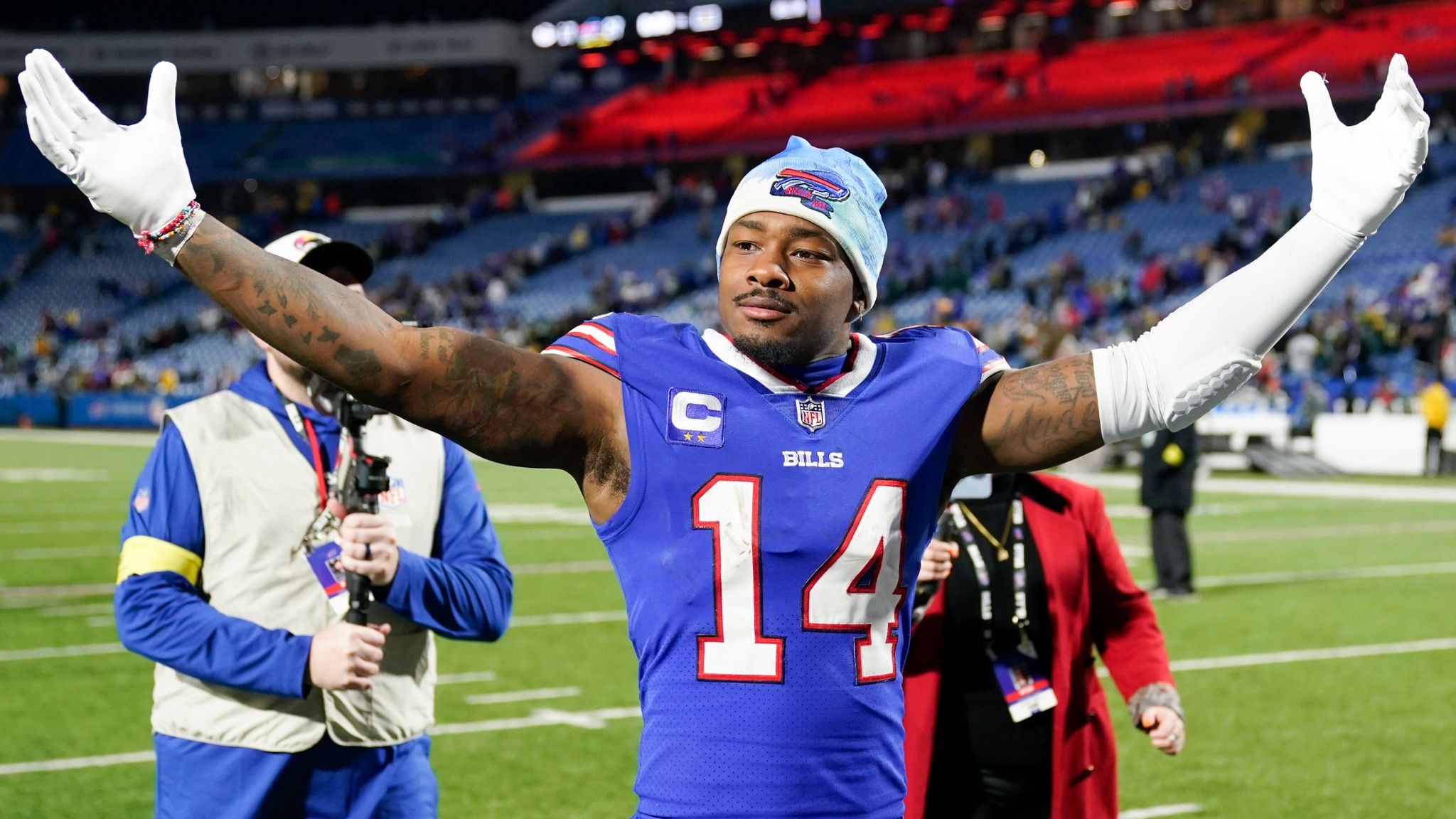 Buffalo Bills wide receiver Stefon Diggs (14) runs off the field after an NFL  football game against the Green Bay Packers, Sunday, Oct. 30, 2022, in  Orchard Park, N.Y. (AP Photo/Bryan Bennett