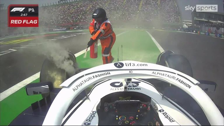 Opening practice in Mexico came to an early end after AlphaTauri reserve driver Liam Lawson saw his brakes catch on fire