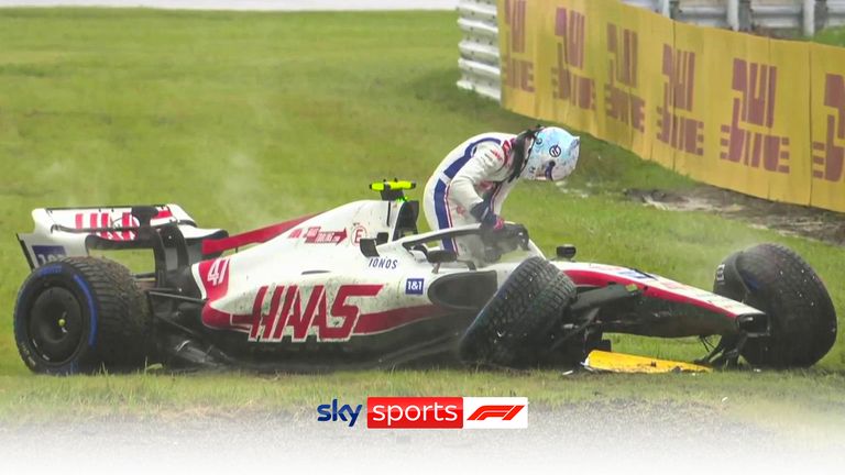 Haas’ Mick Schumacher aquaplanes and crashes in the barrier after the end of Practice One at the Japanese F1.