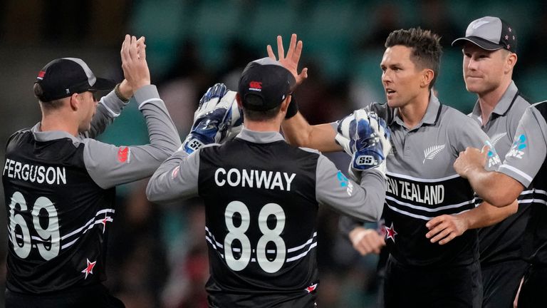 Trent Boult celebrates after taking the wicket of Dhananjaya de Silva in the powerplay