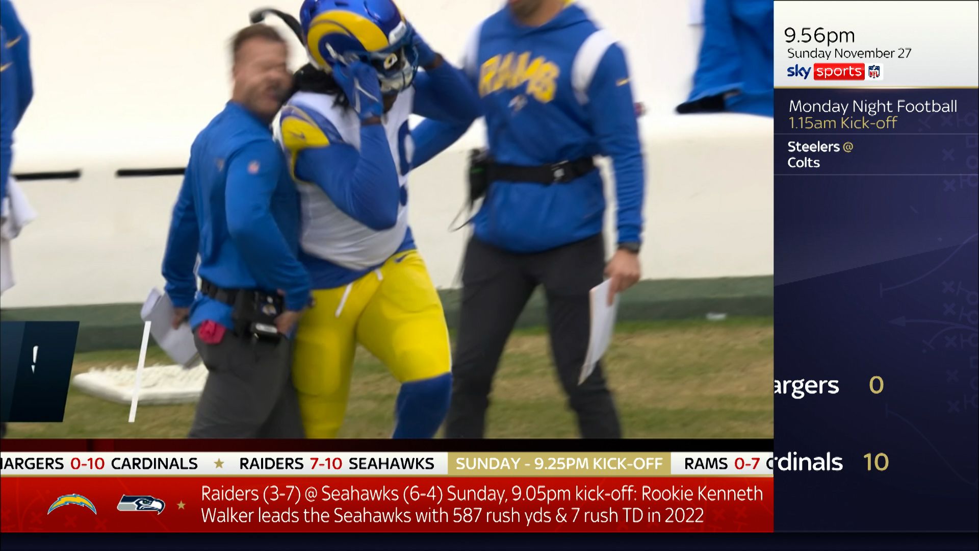 OUCH! Rams coach run into by own player!