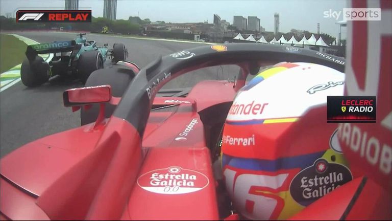 Шарл Льоклер от Ferrari показва разочарованието си, след като беше задържан от Ланс Строл по време на началната си тренировка в Бразилия