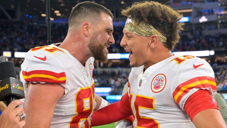 Travis Kelce (left) and Patrick Mahomes (right) combined for three touchdowns to help Kansas City Chiefs beat Los Angeles Chargers
