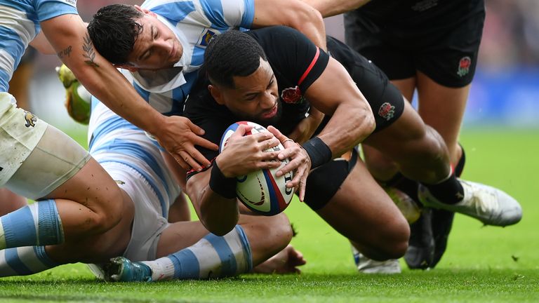 England wing Joe Cokanasiga powered over for the only try of the first half 
