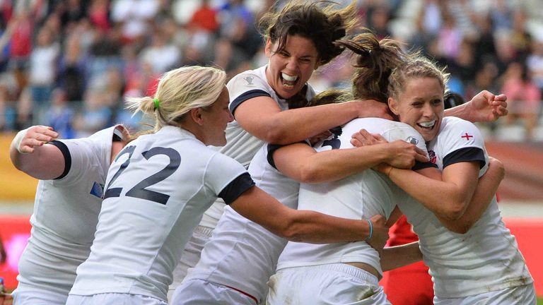 The tension started to disappear as England celebrated Scarratt's crucial try