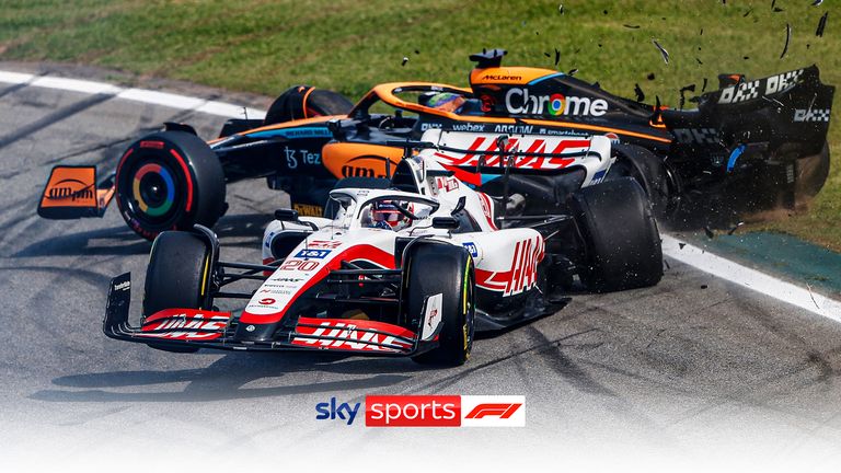 George Russell keeps his lead off the grid before Daniel Ricciardo and Kevin Magnusen crash to bring out the safety car on the opening lap at the Sao Paulo Grand Prix.