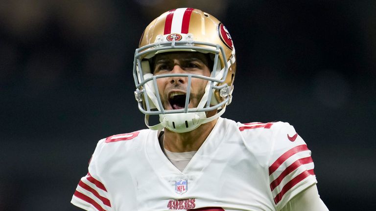 San Francisco 49ers quarterback Jimmy Garoppolo celebrates one of his four touchdown passes in Monday night's win