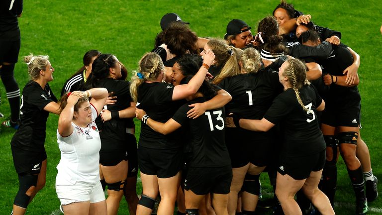New Zealand celebrate at the final whistle after a dramatic World Cup final in Auckland