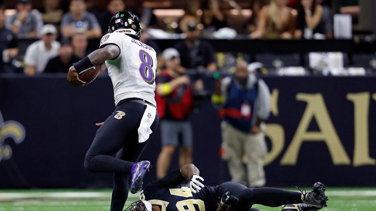 Watch as Ravens quarterback Jackson made three New Orleans Saints defenders miss on an electric 17-yard run