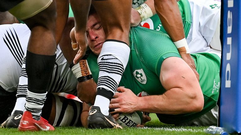Back-row Nick Timoney forced his way over under the posts for Ireland's first try 