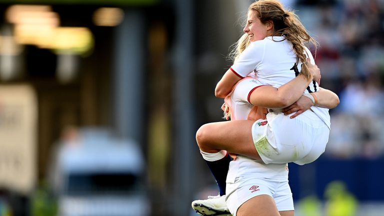 Zoe Harrison celebrates England's Rugby World Cup semi-final win against Canada in Auckland