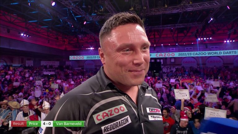 Peringkat No. 1 Dunia Gerwyn Price bereaksi atas kemenangannya 4-0 atas petenis Belanda Raymond van Barneveld di putaran ketiga Kejuaraan Dart Dunia. 