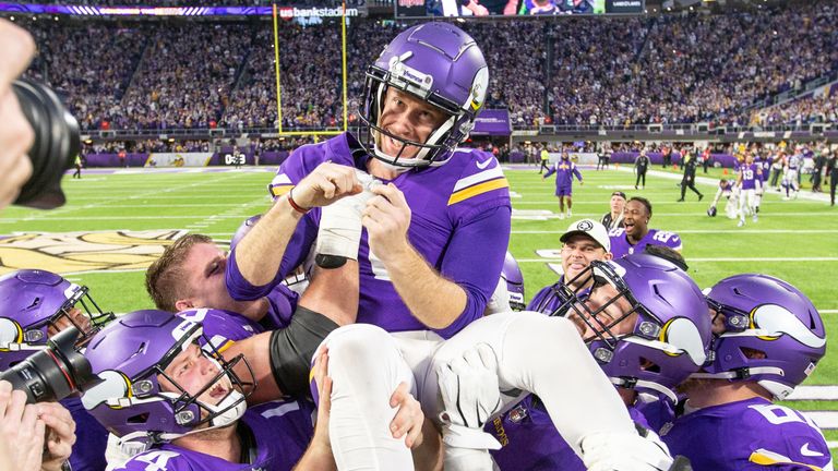 Minnesota Vikings celebrate their incredible comeback win against the Indianapolis Colts on Saturday
