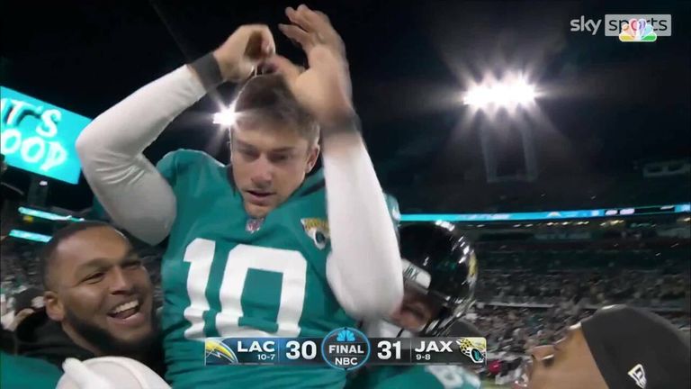 Jacksonville Jaguars' Riley Patterson knocks in the field goal to complete a stunning comeback in their Super Wild Card playoff game with Los Angeles Chargers.