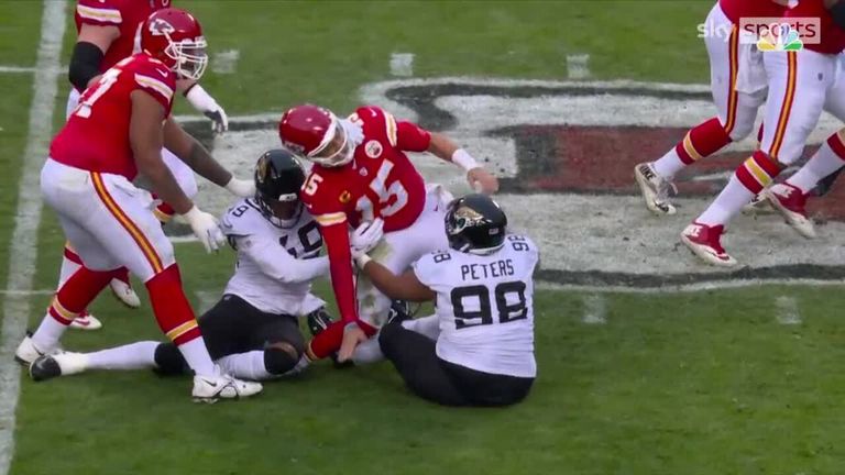 Kansas City quarterback Patrick Mahomes picks up an ankle injury in the first quarter against Jacksonville
