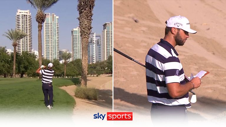 Adri Arnaus hits a palm tree on the 13th hole and then puts his next shot into the water during the third round of Hero Dubai Desert Classic