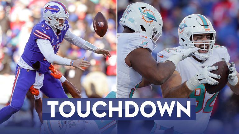 Miami Dolphins take a stunning lead in their Wild Card game with the Buffalo Bills after Allen is stripped of the ball leaving Zach Sieler to collect and score