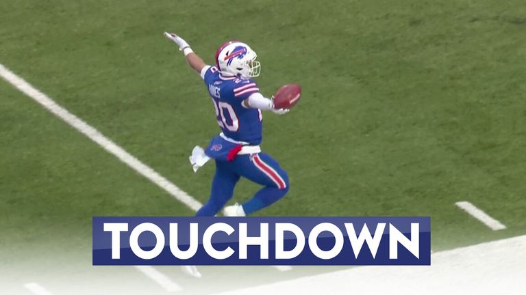 Nyheim Hines kicks back to score the Buffalo Bills in front of an emotional home crowd showing support for Damar Hamlin.