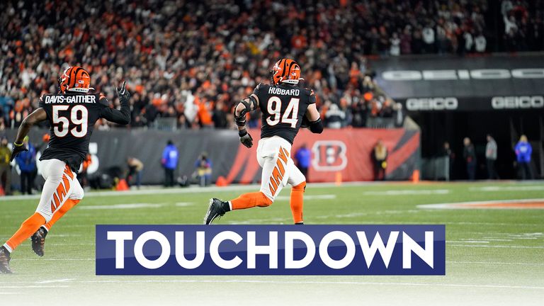 Cincinnati Bengals defensive end Sam Hubbard scores on a 98-yard fumble return touchdown - an NFL record for the postseason