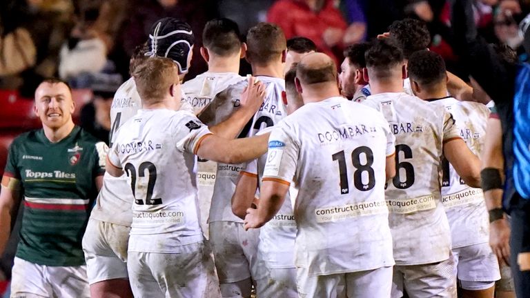 Ospreys players celebrate winning the Heineken Champions Cup match against Leicester