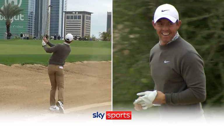 Rory McIlroy hit this amazing shot to hole out from the sand which helped propel him to the top of the leaderboard at the Hero Dubai Classic