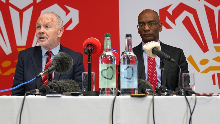 Welsh Rugby Union chair Ieuan Evans (left) and acting chief executive Nigel Walker