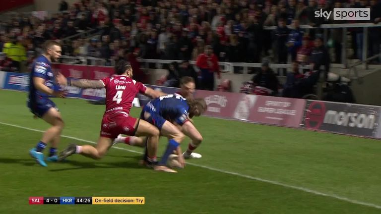 Ethan Ryan's try gives Hull KR the chance to take the lead in their Super League clash with Salford.