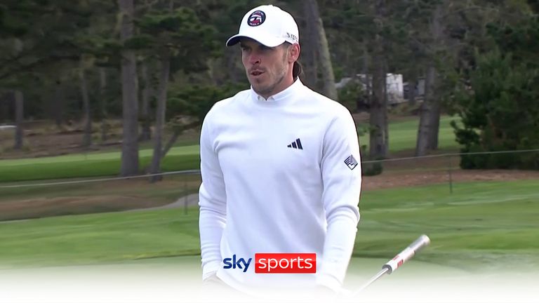 Gareth Bale finds the bunker on the opening hole of the Pebble Beach Pro-Am but recovers to score par.