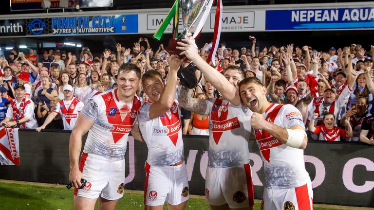 Jack Welsby, Jonny Lomax, Mark Percival and Tommy Makinson celebrate St Helens' World Club Challenge triumph