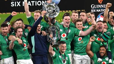 Ireland celebrate with the 2023 Six Nations trophy in Dublin 