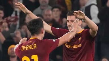 Roma's Marash Kumbulla celebrates after scoring the second goal of the game