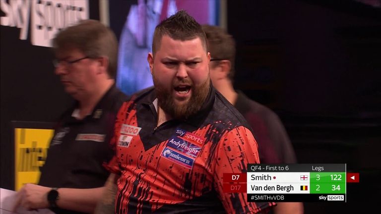 Michael Smith hit a crucial 122 checkout to put a halt to Dimitri van den Bergh's comeback in Liverpool.