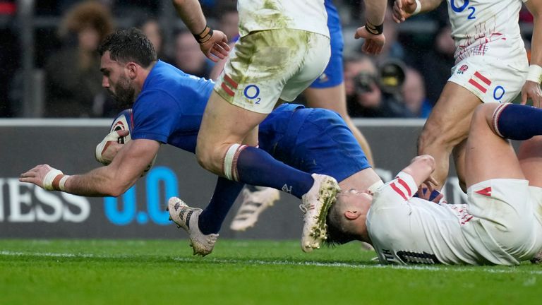 Charles Ollivon powered over for France's third try in the final play of the first half