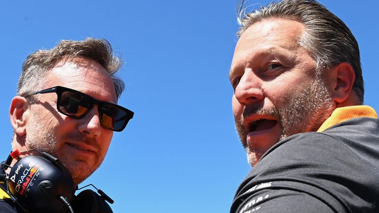 McLaren chief Zak Brown (R) has visited Red Bull headquarters for talks with Christian Horner (L)
