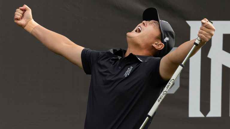 Danny Lee celebrates after sinking the winning putt