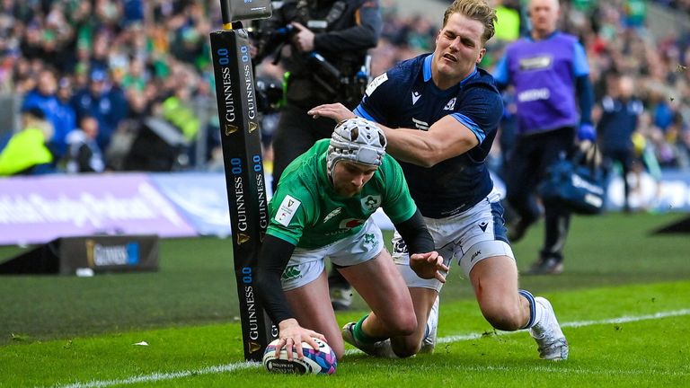 Mack Hansen scored one of three Ireland tries in the win, with Farrell admitting the players were laughing at half-time, such was the absurdity of their predicament 
