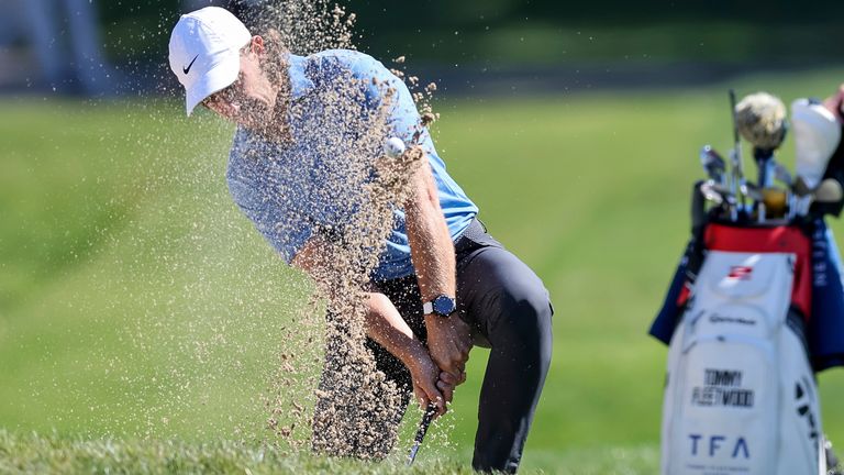 Fleetwood plays out of a bunker (AP Photo/Mike Carlson)