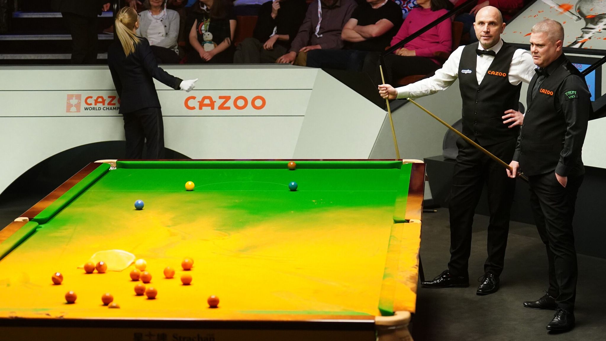 World Snooker Championship Play suspended as protester throws orange substance on table Snooker News Sky Sports