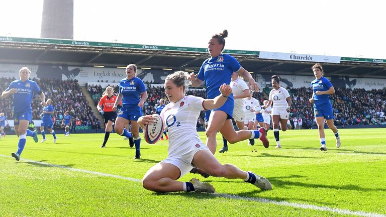 Claudia MacDonald slides in for one of her two tries against Italy