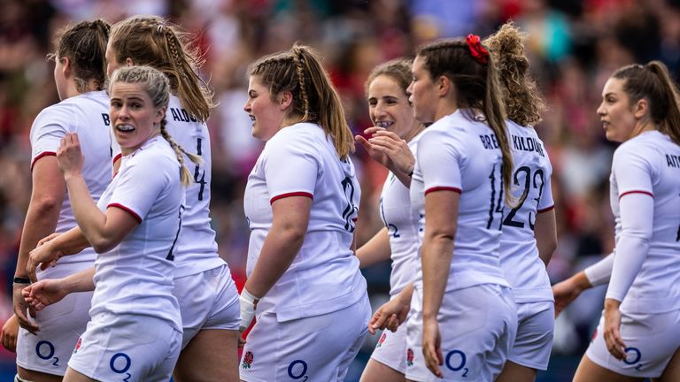England's Maud Muir (centre) celebrates scoring her side's seventh try with team-mates against Wales