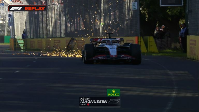 Kevin Magnussen clips the wall and completely loses his right rear tyre which brings out the second red flag of the Australian Grand Prix